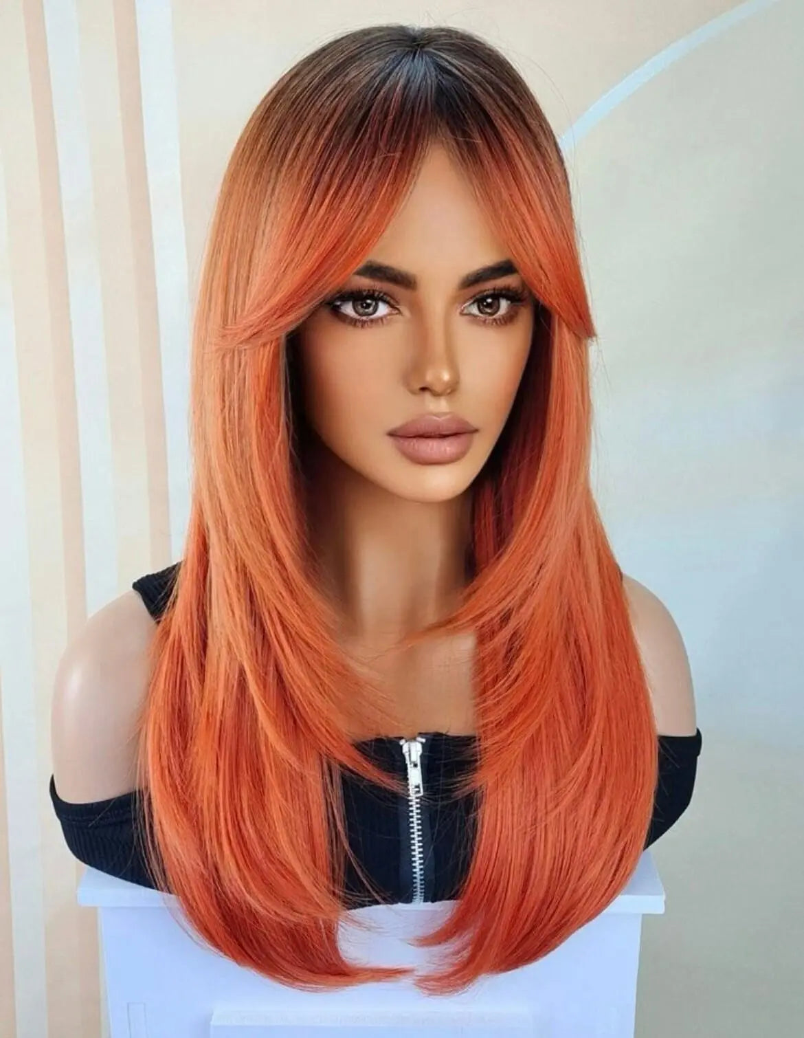 Orange long Wig Orange with Bangs - Labelle Boutique Hair