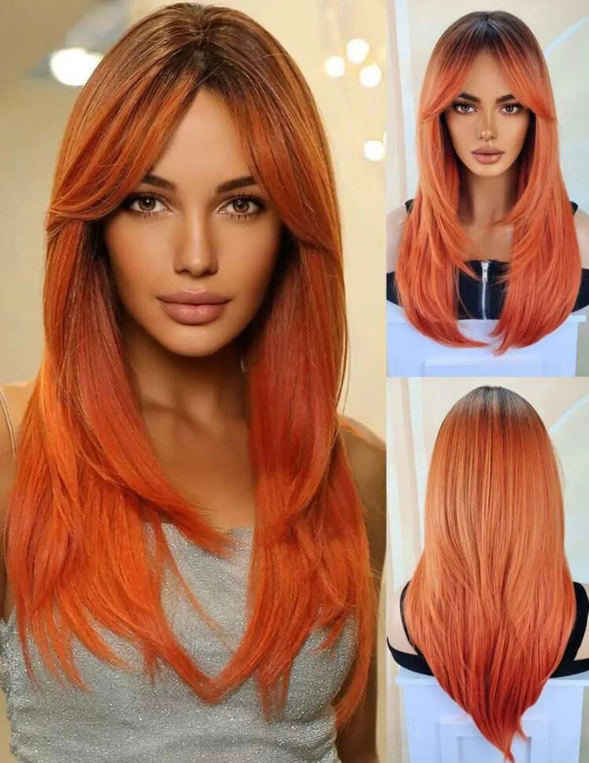 Orange long Wig Orange with Bangs - Labelle Boutique Hair