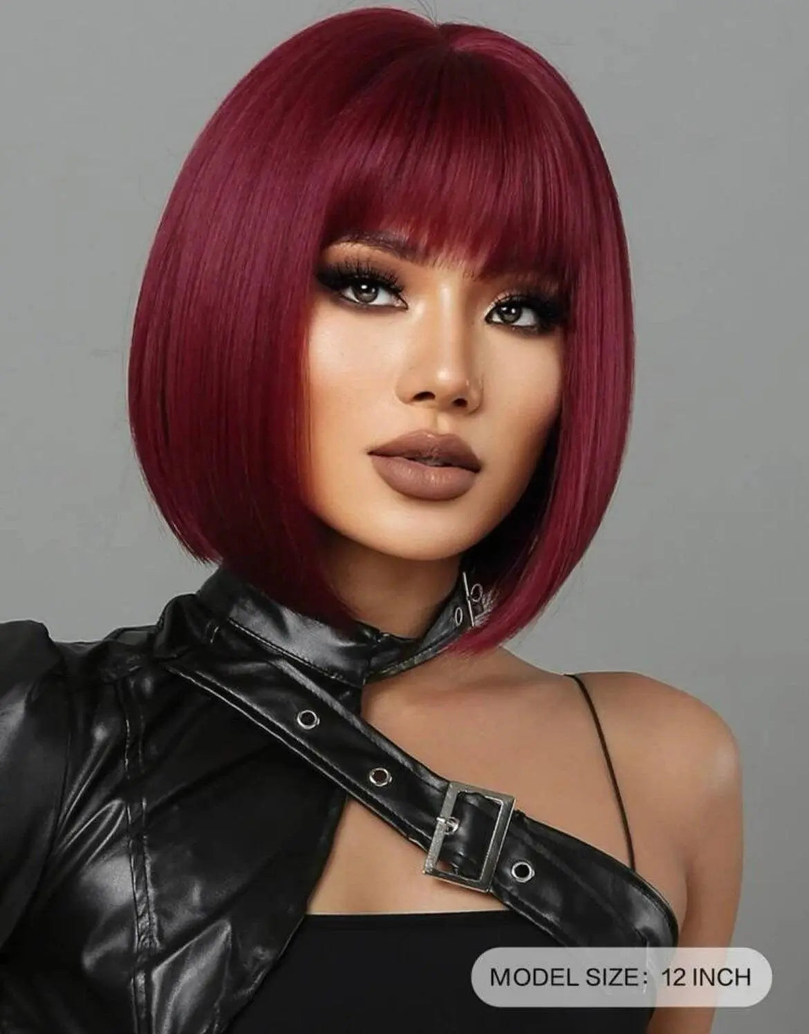 Short Straight Hair Wig for Women Wine Red Claret Synthetic Wig with Bangs Bob Wigs - Labelle Boutique Hair