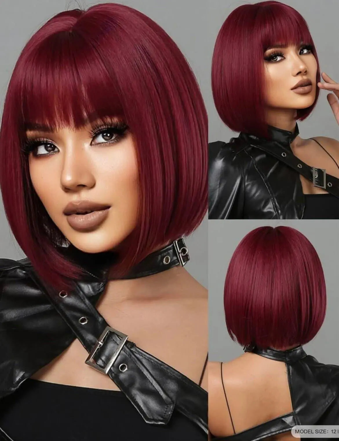 Short Straight Hair Wig for Women Wine Red Claret Synthetic Wig with Bangs Bob Wigs - Labelle Boutique Hair