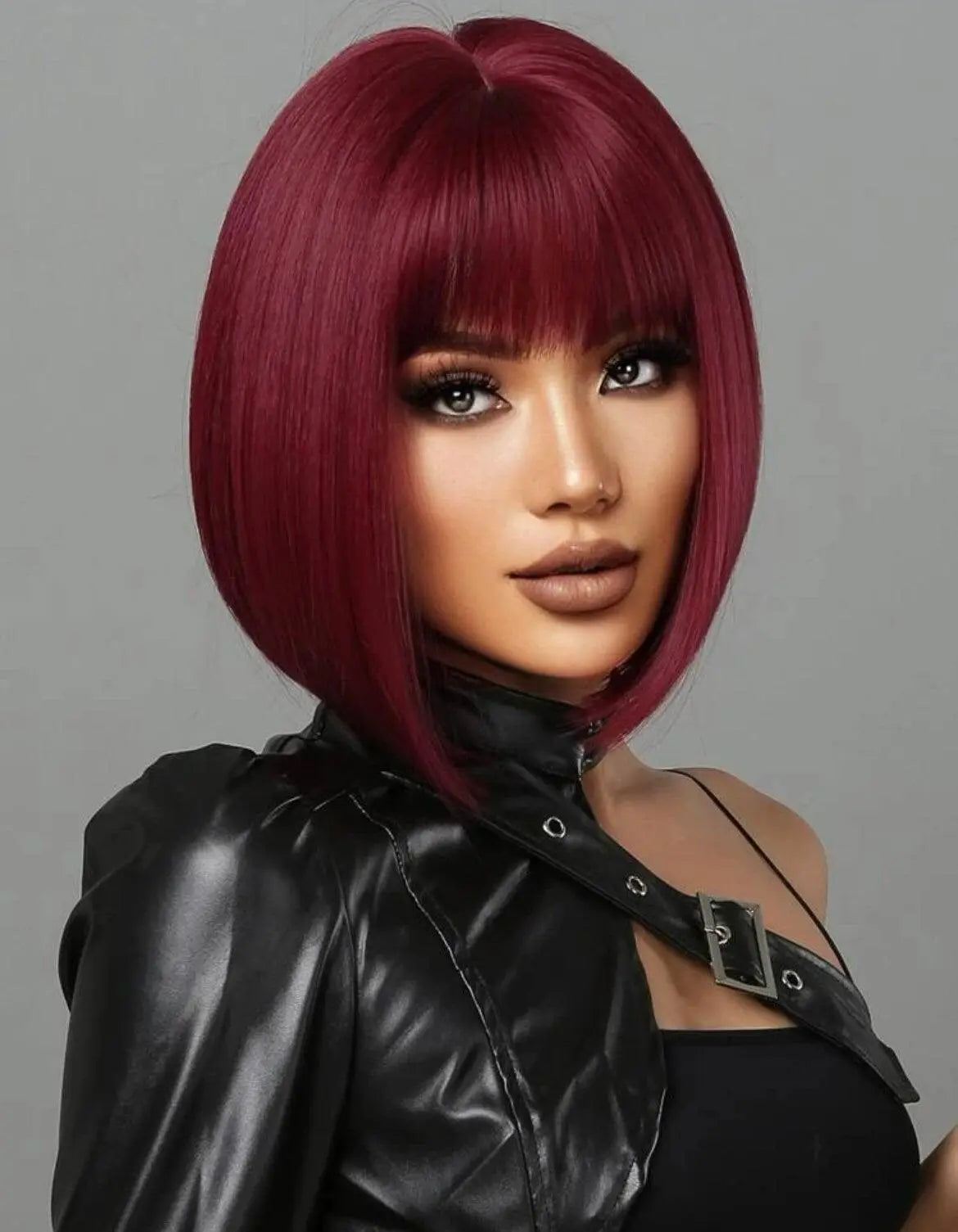 Short Straight Hair Wig for Women Wine Red Claret Synthetic Wig with Bangs Bob Wigs - Labelle Boutique Hair