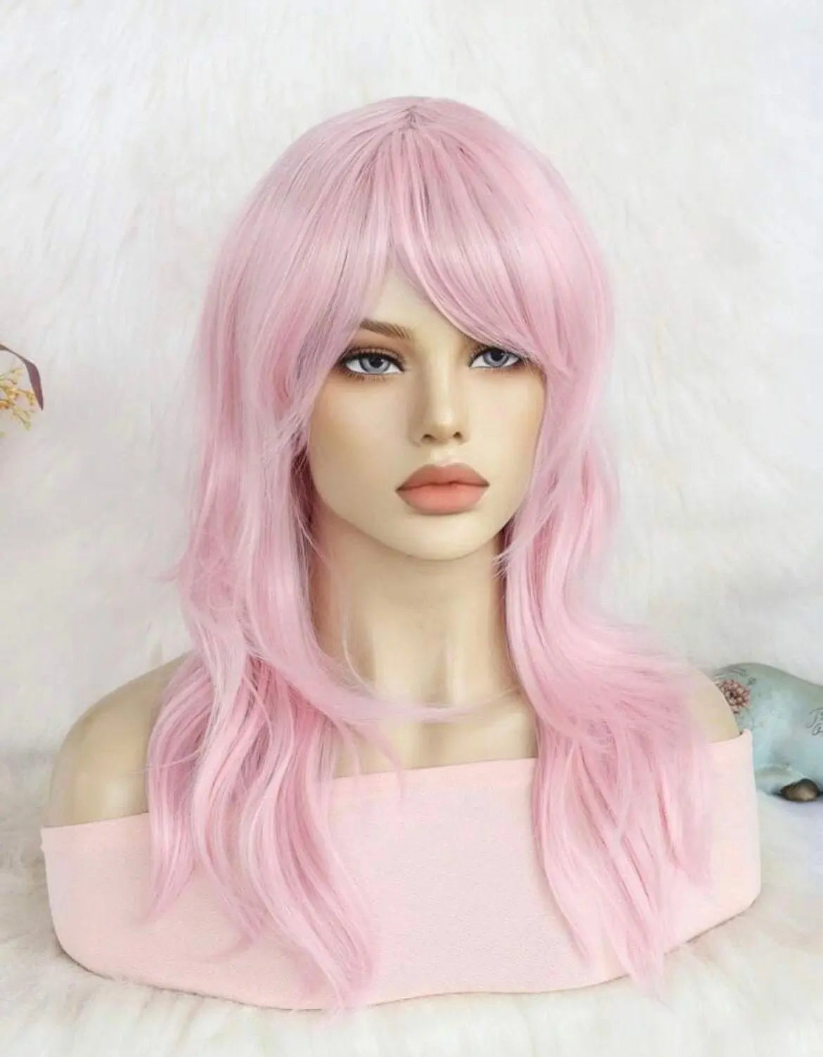 Women's Pink Wig with Bangs Perfect for Daily Party Wear Medium Length Loose Wave Cosplay Wig Synthetic School Halloween Wigs High Density - Labelle Boutique Hair