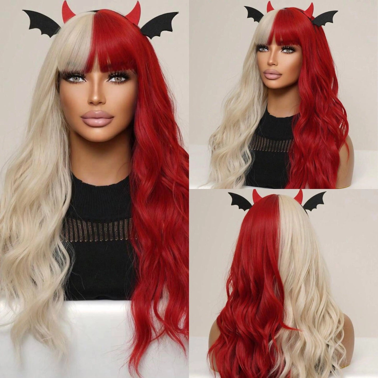 Halloween Wig with Bangs Red Gold Long Curly Hair Wavy Wig Synthetic Wig Cosplay - Labelle Boutique Hair