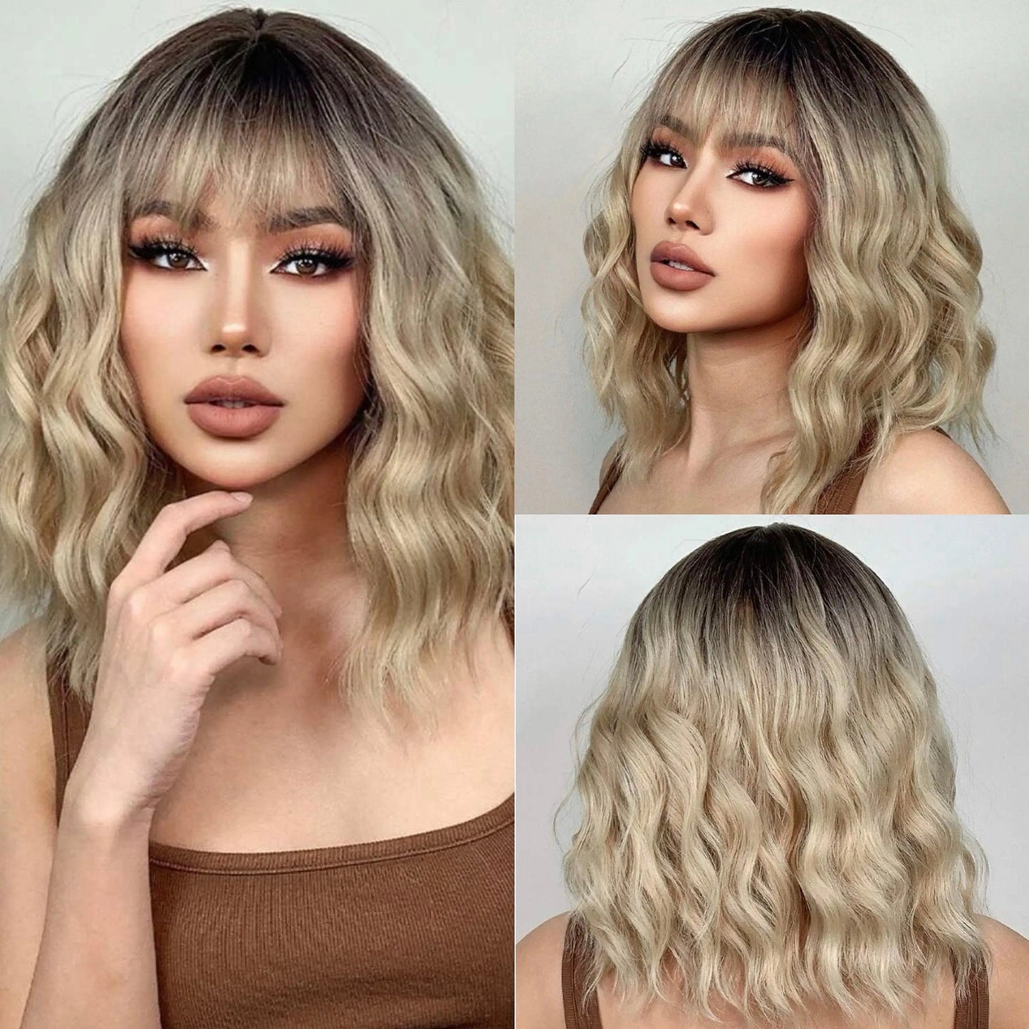 HAIRCUBE Multi-Color Short Wavy Wigs with Bangs Natural Looking Synthetic Wig - Labelle Boutique Hair