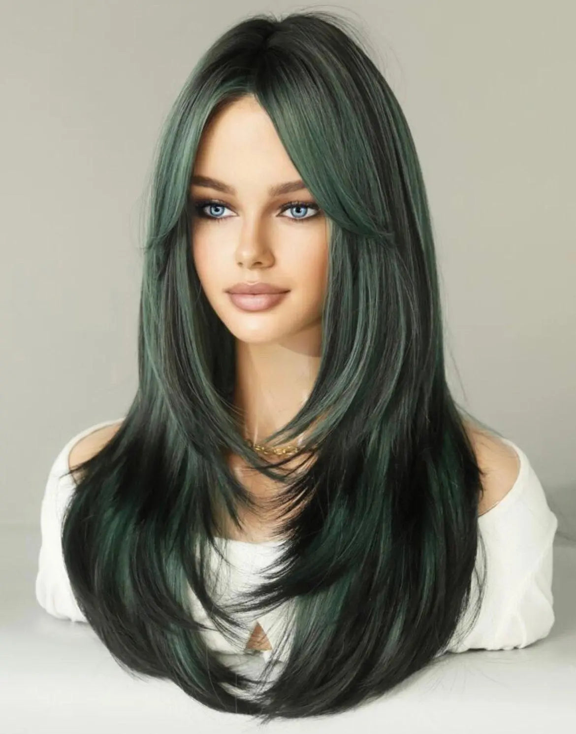 Ombre Green Wigs Long Straight Layered Wigs Wig Natural Synthetic With Bangs - Labelle Boutique Hair