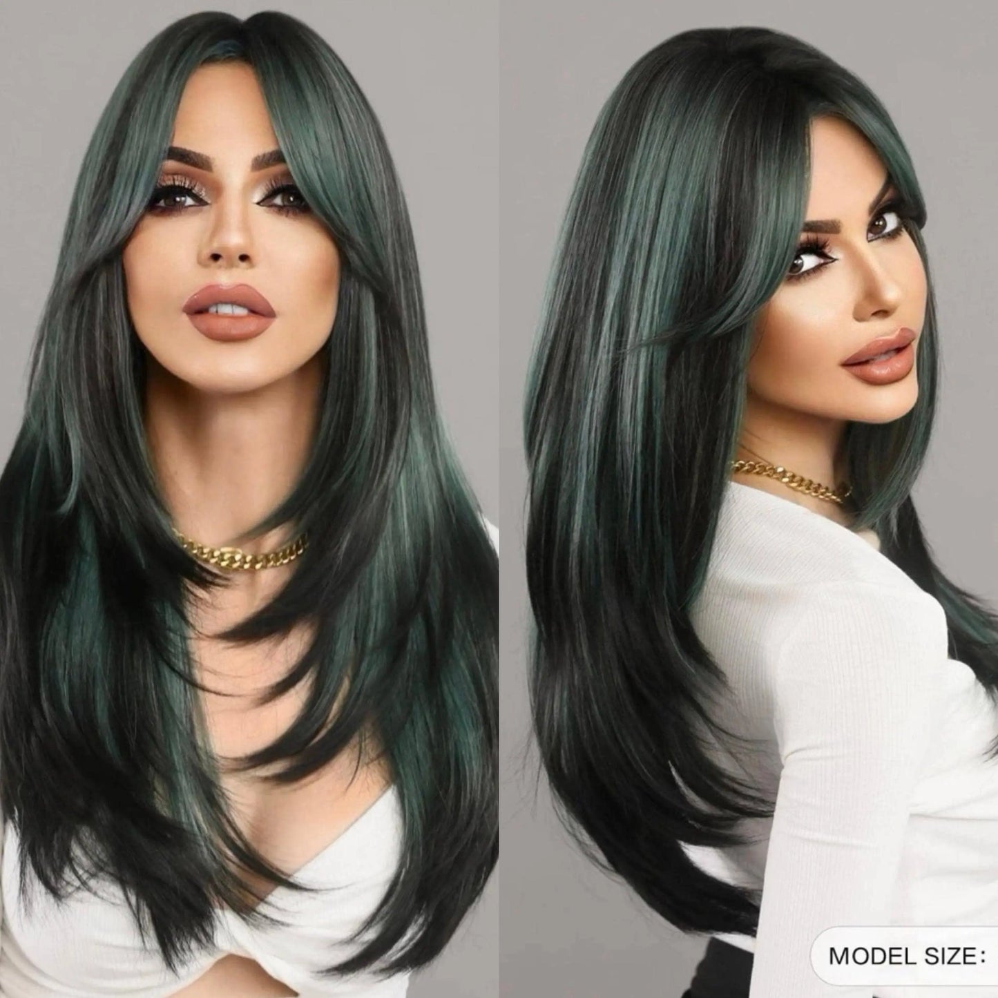 Ombre Green Wigs Long Straight Layered Wigs Wig Natural Synthetic With Bangs - Labelle Boutique Hair