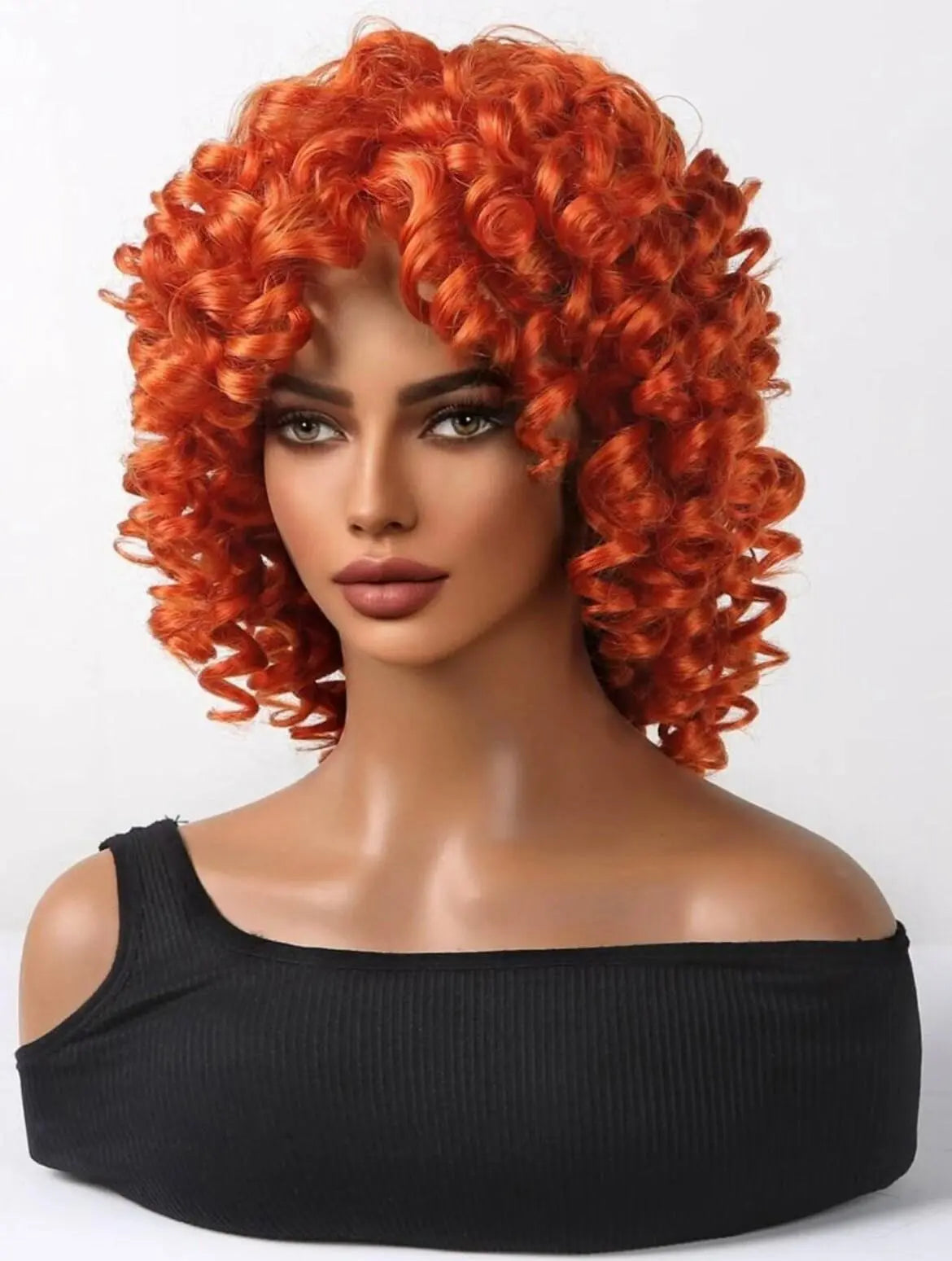 Short Curly Synthetic Orange Wig With Bangs - Labelle Boutique Hair