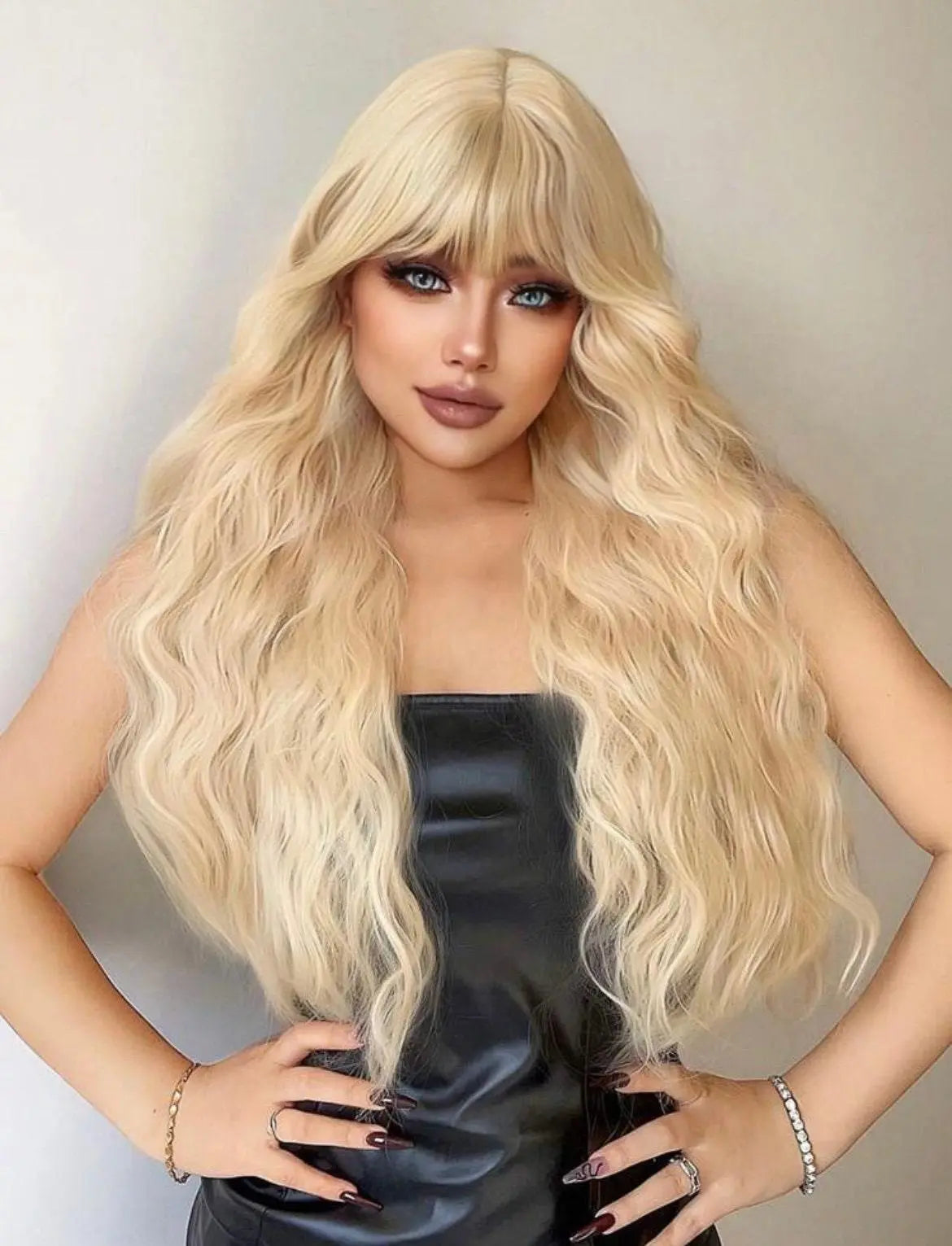 Long Blond Wig with Bangs Curly Synthetic Wigs Women's Wigs - Labelle Boutique Hair