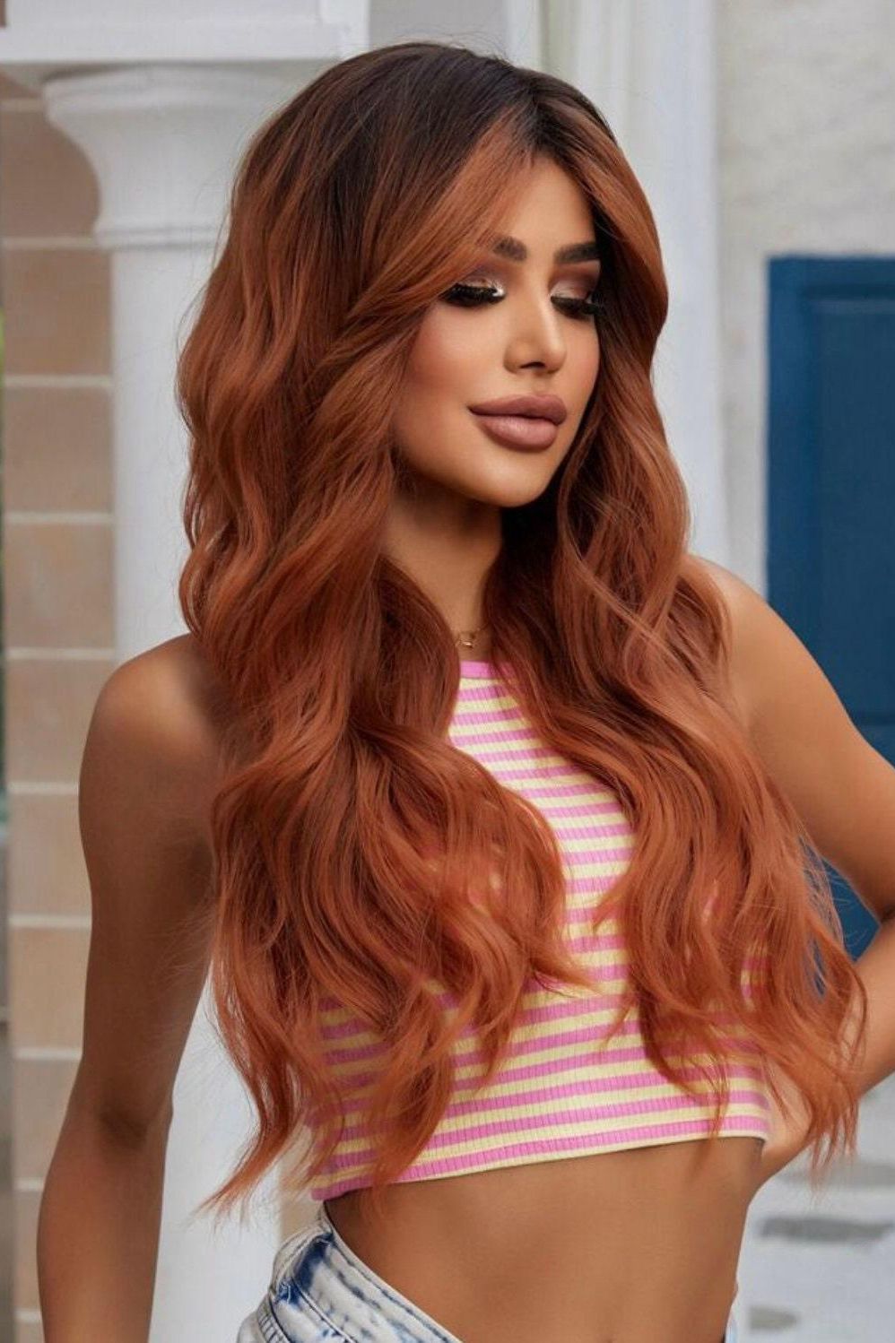 Orange Butterfly Haircut Long Curly Wigs With Bangs Synthetic Fiber Wigs - Labelle Boutique Hair Orange Butterfly Haircut Long Curly Wigs With Bangs Synthetic Fiber Wigs