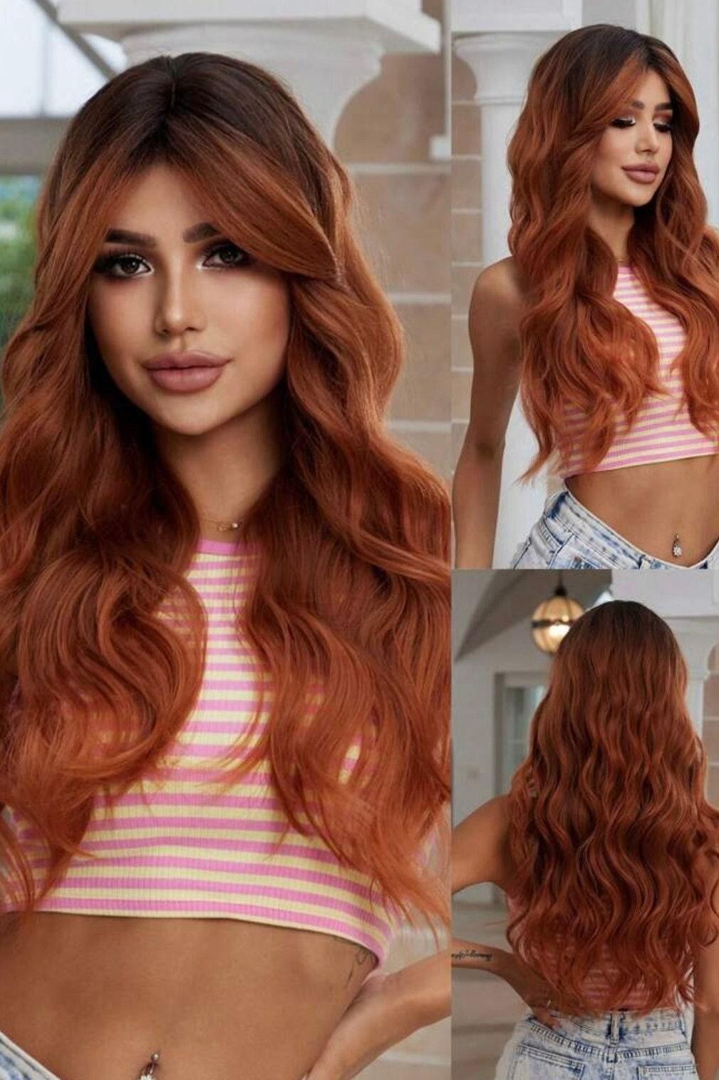 Orange Butterfly Haircut Long Curly Wigs With Bangs Synthetic Fiber Wigs - Labelle Boutique Hair Orange Butterfly Haircut Long Curly Wigs With Bangs Synthetic Fiber Wigs
