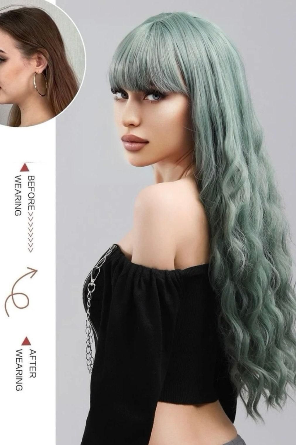 Water Wave Wigs With Bangs Heat Resistant Fiber Long Wavy Deep Wave Synthetic Wigs Party Daily - Labelle Boutique Hair Water Wave Wigs With Bangs Heat Resistant Fiber Long Wavy Deep Wave Synthetic Wigs Party Daily