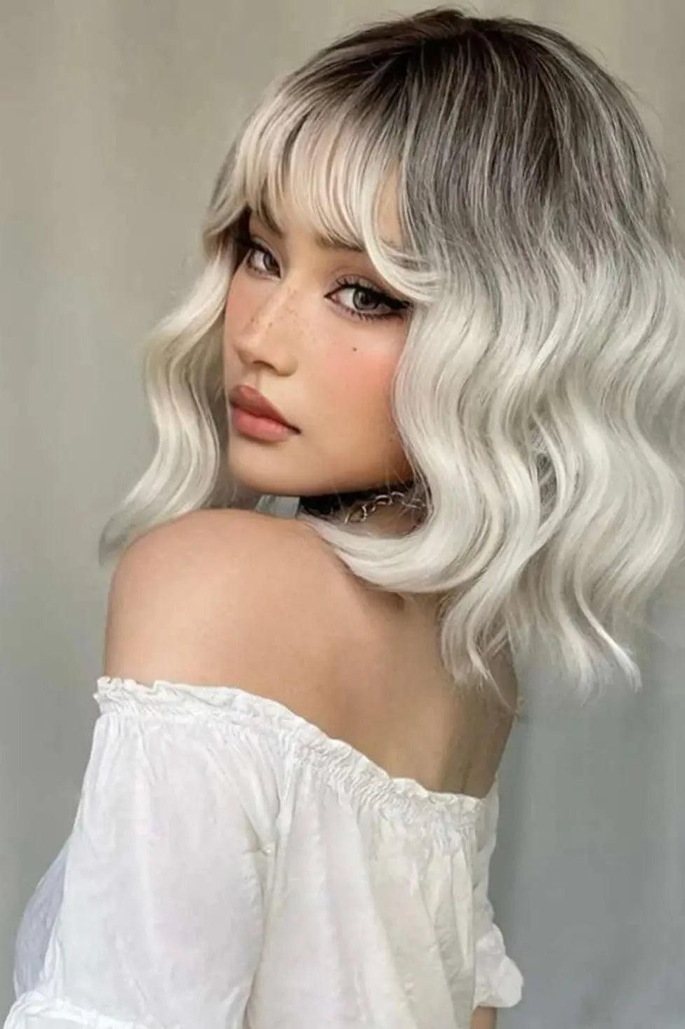 Ombre Short Wavy Cosplay Wigs with Bangs Light Platinum Bob Synthetic Hair - Labelle Boutique Hair Ombre Short Wavy Cosplay Wigs with Bangs Light Platinum Bob Synthetic Hair