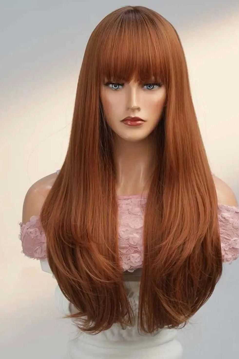 Long Curly Synthetic Orange Wig With Bangs - Labelle Boutique Hair wigs Long Curly Synthetic Orange Wig With Bangs