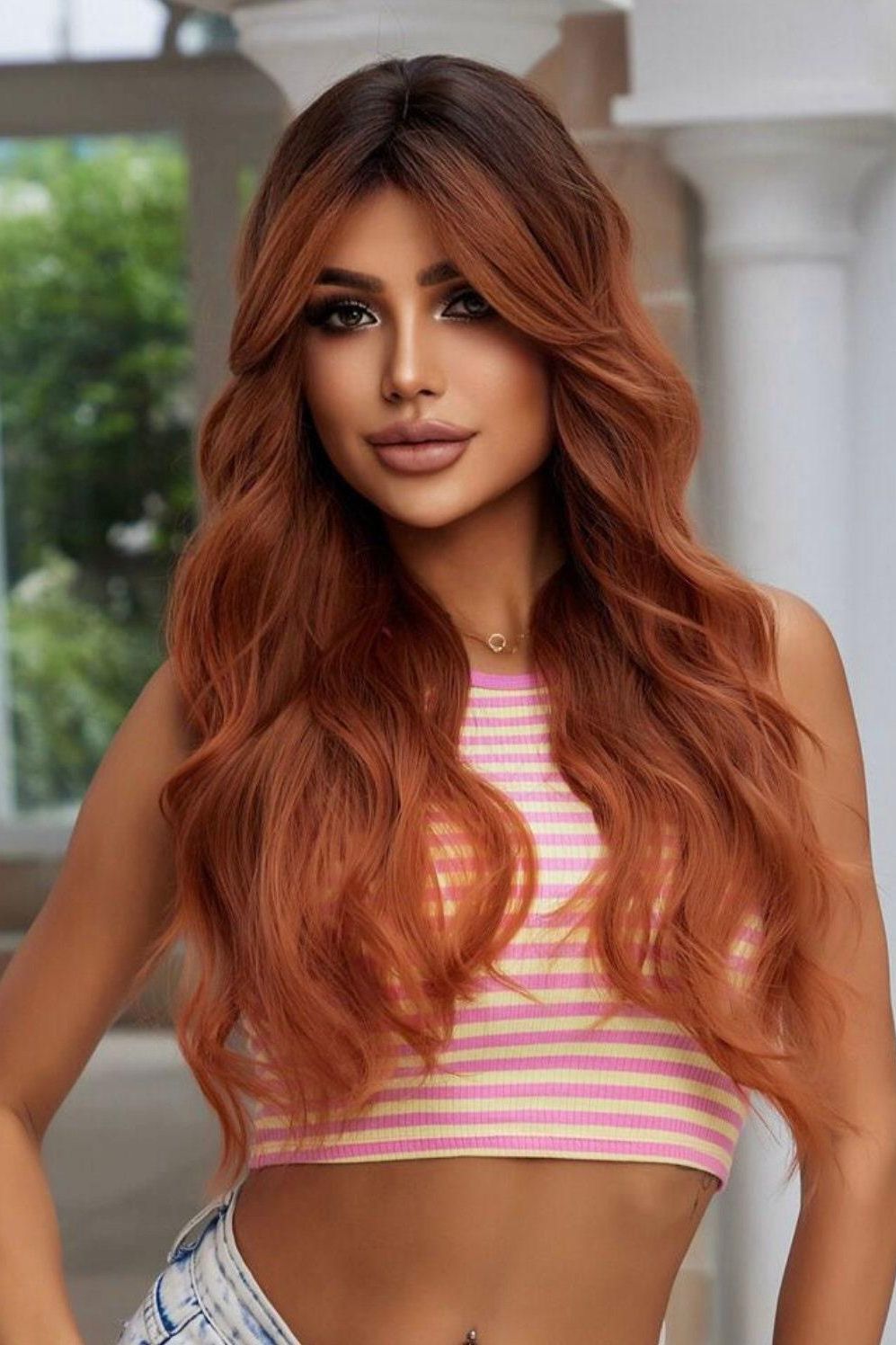 Orange Butterfly Haircut Long Curly Wigs With Bangs Synthetic Fiber Wigs - Labelle Boutique Hair Orange Butterfly Haircut Long Curly Wigs With Bangs Synthetic Fiber Wigs