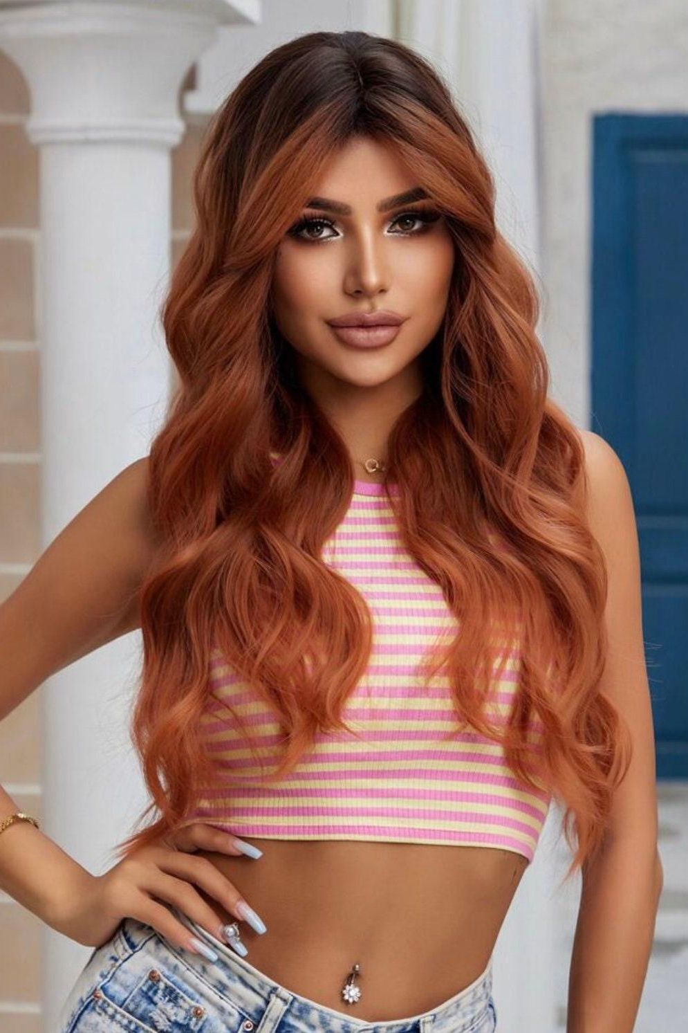 Orange Butterfly Haircut Long Curly Wigs With Bangs Synthetic Fiber Wigs - Labelle Boutique Hair Orange Butterfly Haircut Long Curly Wigs With Bangs Synthetic Fiber Wigs