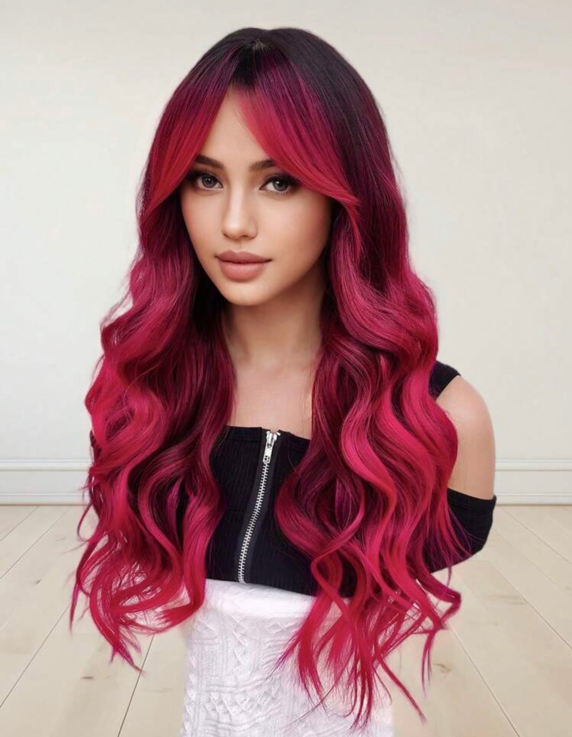 Ombre Wigs Water Wave Wigs With Bangs Rose Red Long Wavy Natural Wave Synthetic Wigs