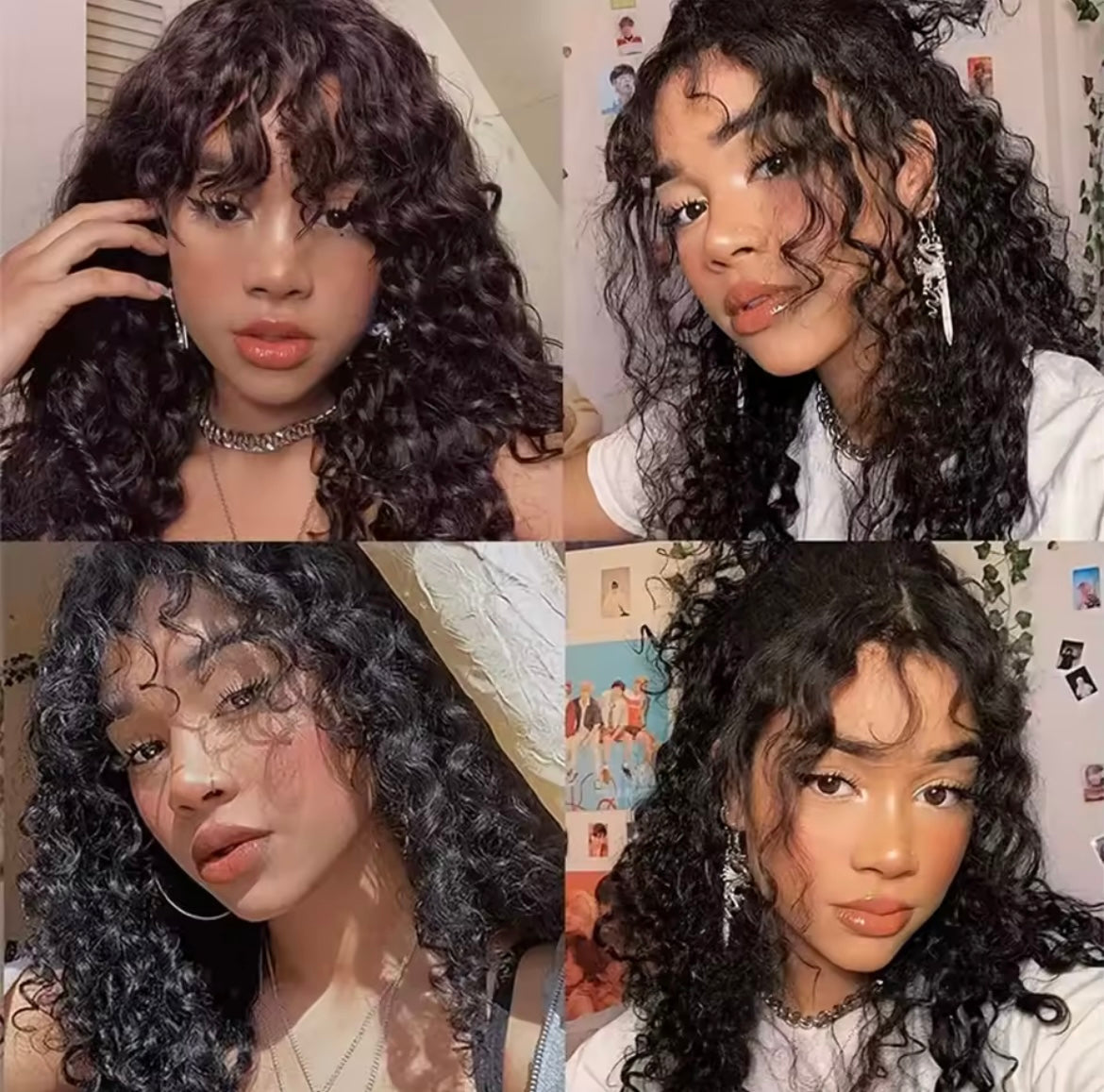 Long Curly Wig with Bangs Human Hair Full Machine Made Wear and Go Glueless Wig Wave Wigs with Bangs