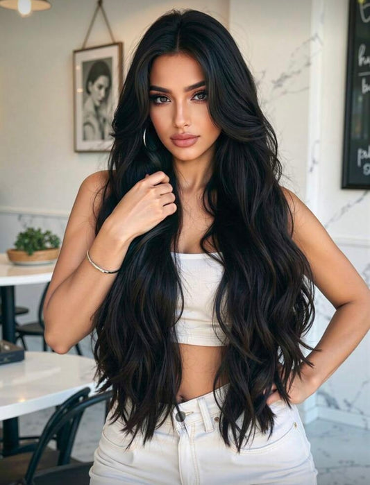 Long Black Wig For Women With Bangs Wavy Curly Synthetic Hair Natural Looking