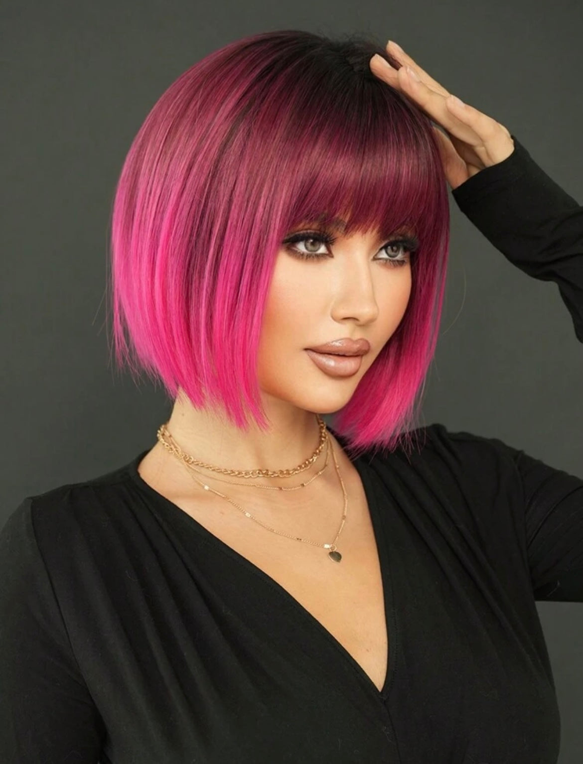 Ombre Rose Red Wig Short Straight Bob Wigs With Bangs Dark Root Synthetic Hair Wigs Colored Wig - Labelle Boutique Hair