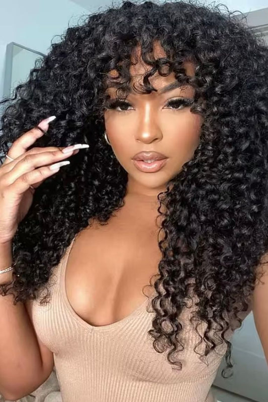 Long Curly Wig with Bangs Human Hair Full Machine Made Wear and Go Glueless Wig Wave Wigs with Bangs