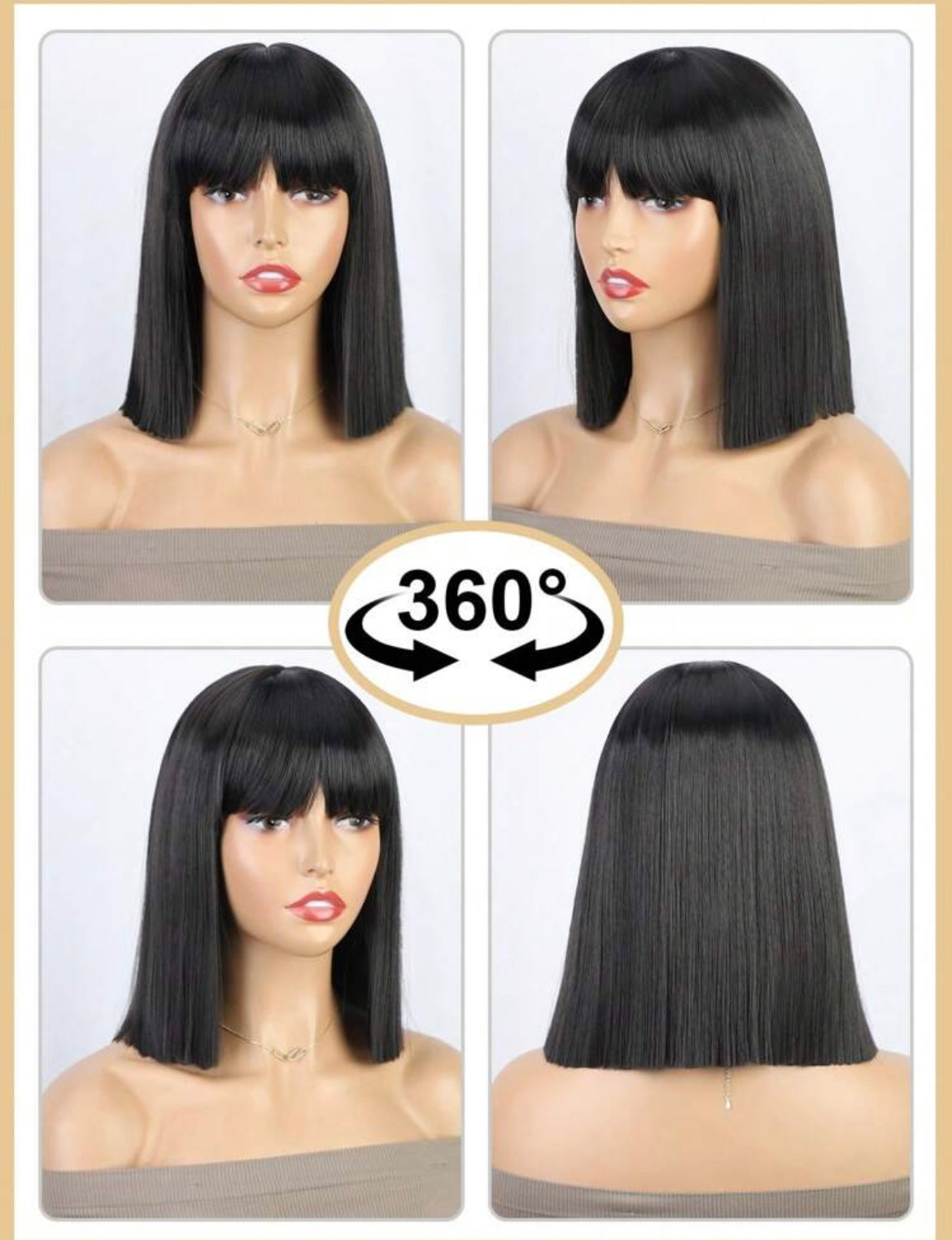 Natural Black Short Straight Bob Wig With Bangs Synthetic Wig