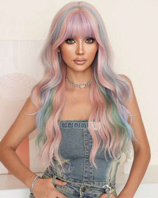Pink Wig With Bangs Long Loose Wavy Wig Highlight Green Blue Hair Synthetic Hair Colored Wigs For Women Halloween Christmas
