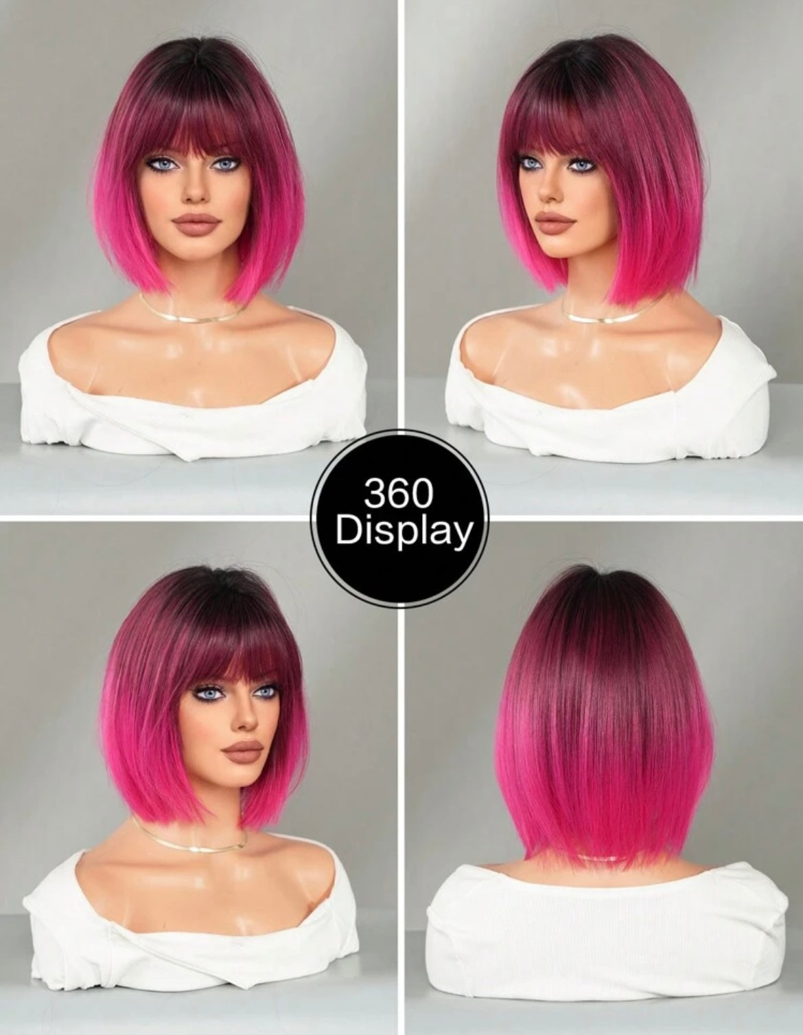 Ombre Rose Red Wig Short Straight Bob Wigs With Bangs Dark Root Synthetic Hair Wigs Colored Wig - Labelle Boutique Hair