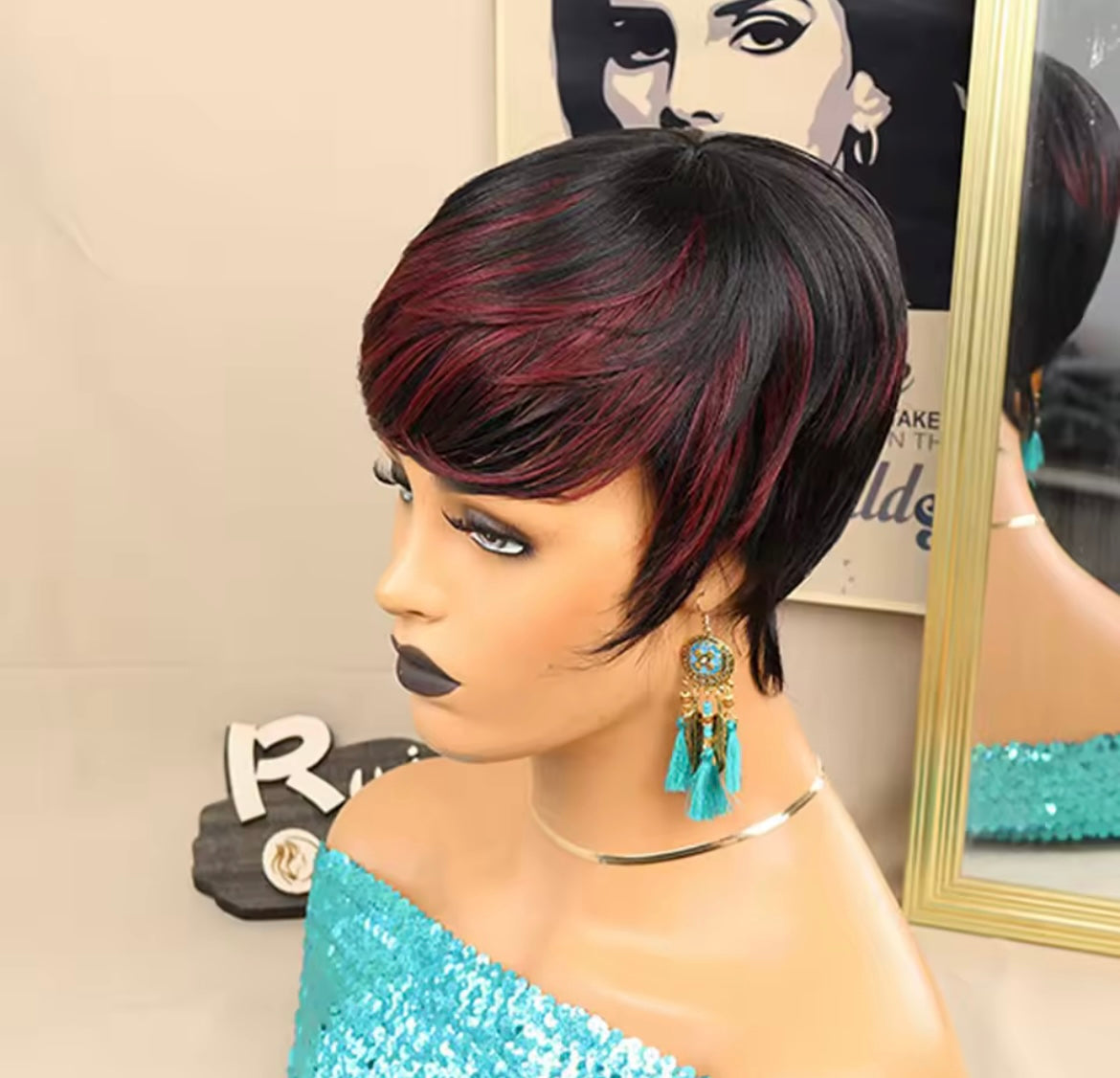 Short Pixie Cut Wigs for Black Women ShortWigs with Bangs Black with Brown Layered Wigs Glueless Short Bob Real Hair Wigs