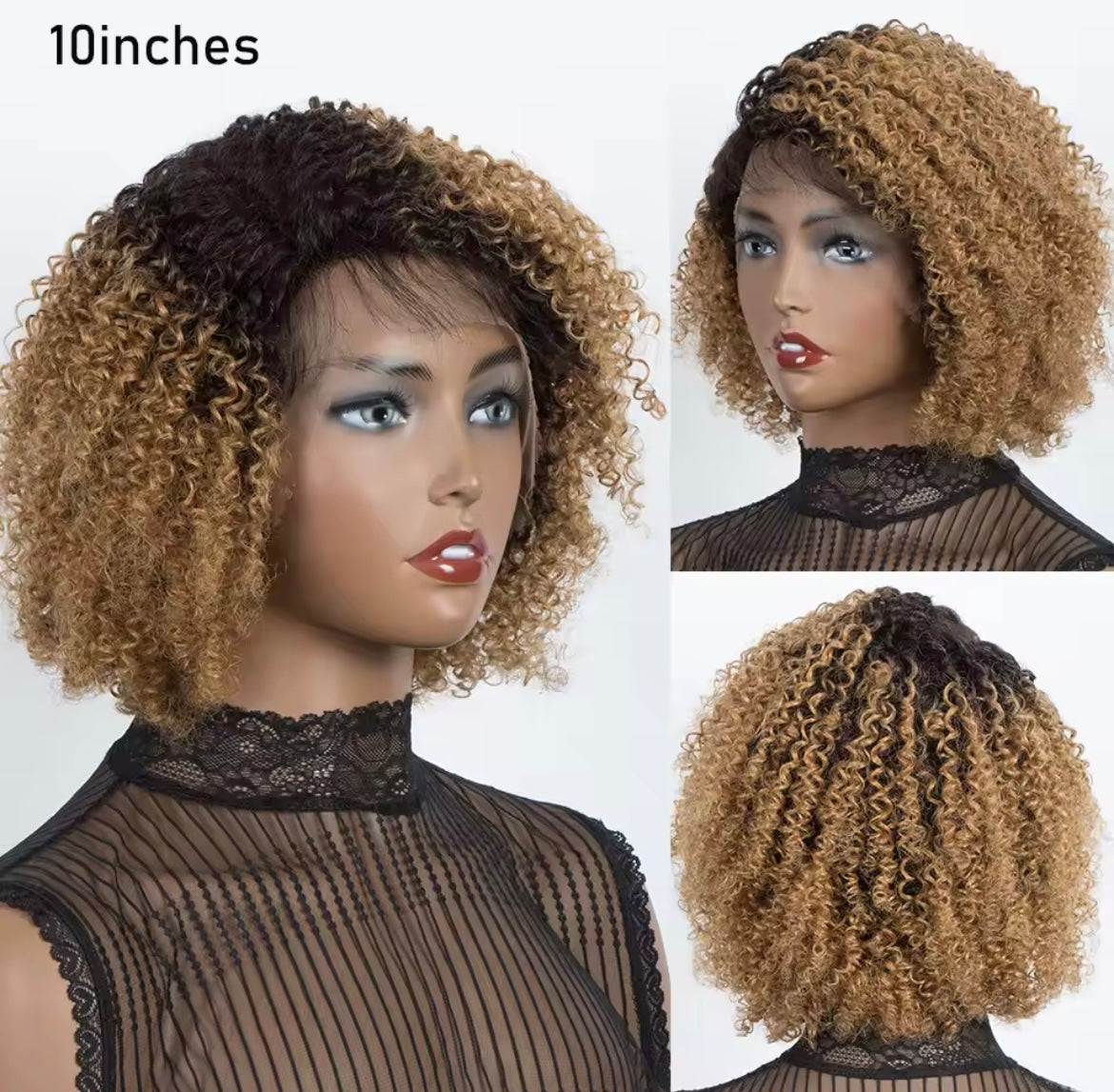 Ombre Brown Curly Wigs Kinky Curl Human Hair Bob Lace frontal Human Hair Wig