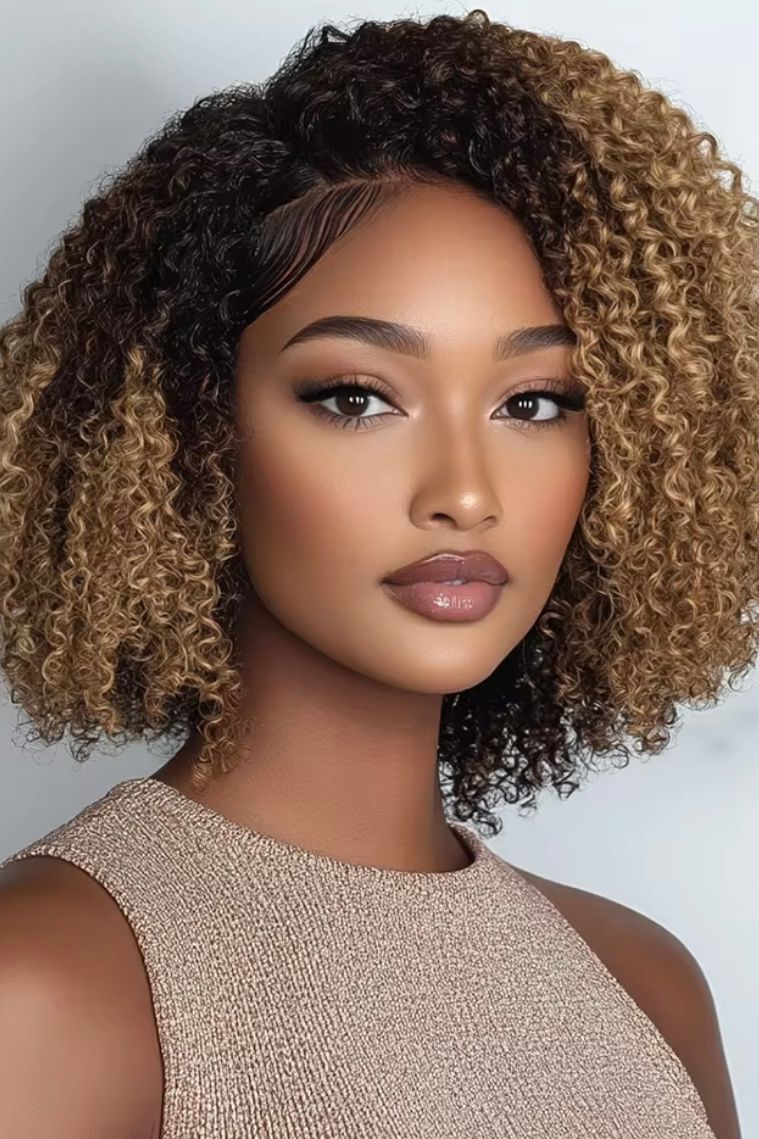 Ombre Brown Curly Wigs Kinky Curl Human Hair Bob Lace frontal Human Hair Wig