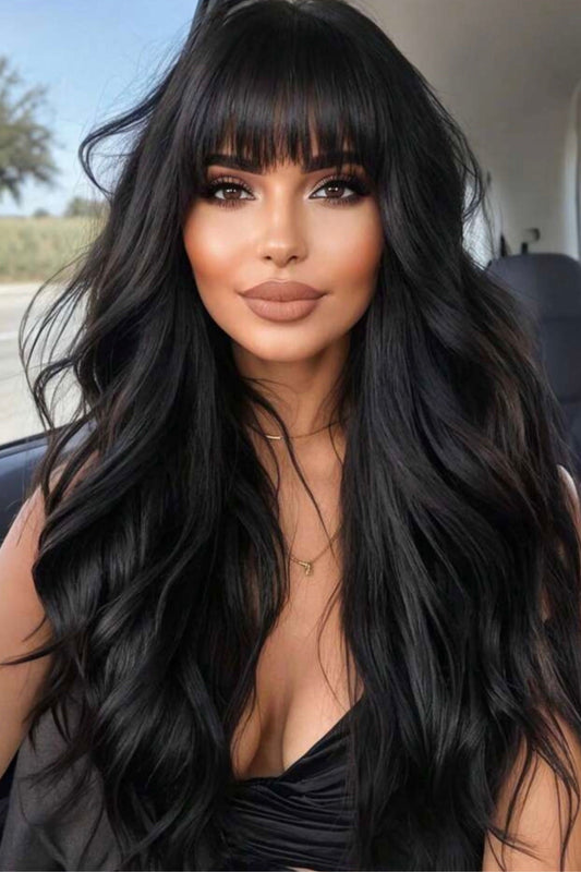 Long Curly Wigs With Bangs Black Wavy Wigs Synthetic Wigs Black Long Curly Wave Wig - Labelle Boutique Hair