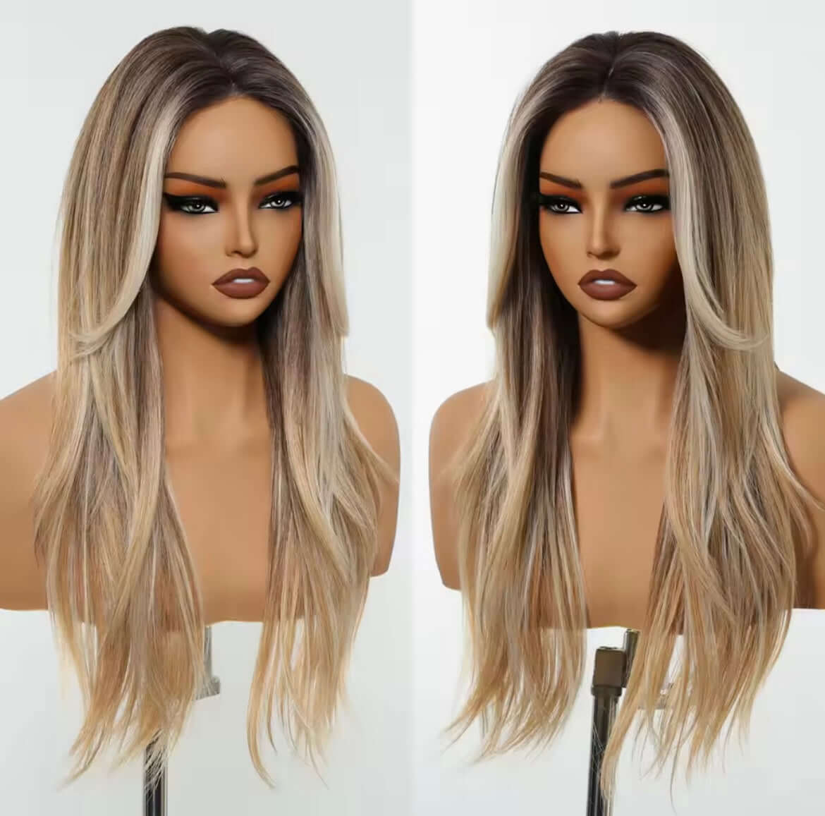 Long Straight Hairline Lace Front Synthetic Wig Brown Mixed White Natural Middle Part