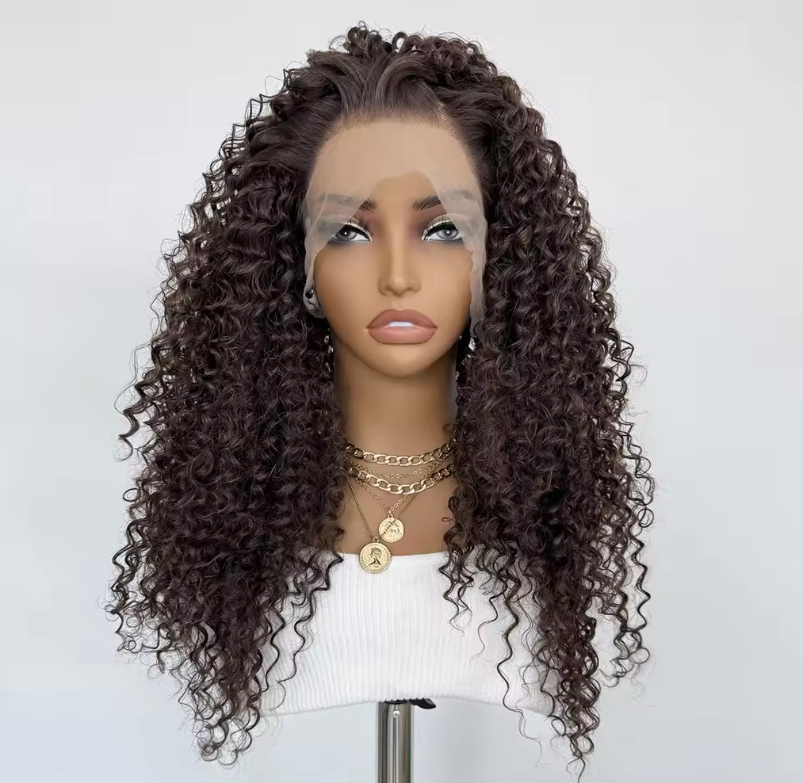 Chocolate Brown Curly Wig Lace Front Long Deep Curly Synthetic Hair Heat Resistant Daily Use Natural Hairline