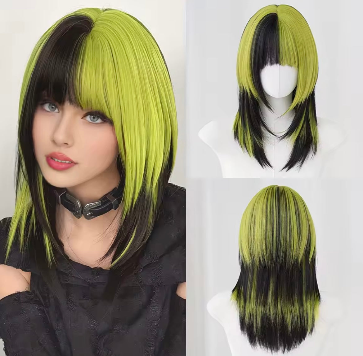 Synthetic wig green black Ombre wig with bangs middle length cosplay wig women heat-resistant wig