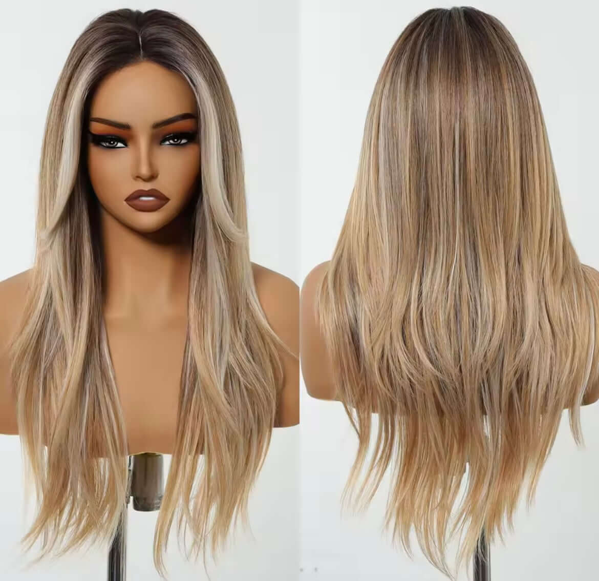 Long Straight Hairline Lace Front Synthetic Wig Brown Mixed White Natural Middle Part