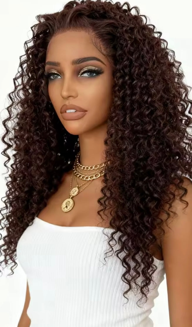Chocolate Brown Curly Wig Lace Front Long Deep Curly Synthetic Hair Heat Resistant Daily Use Natural Hairline