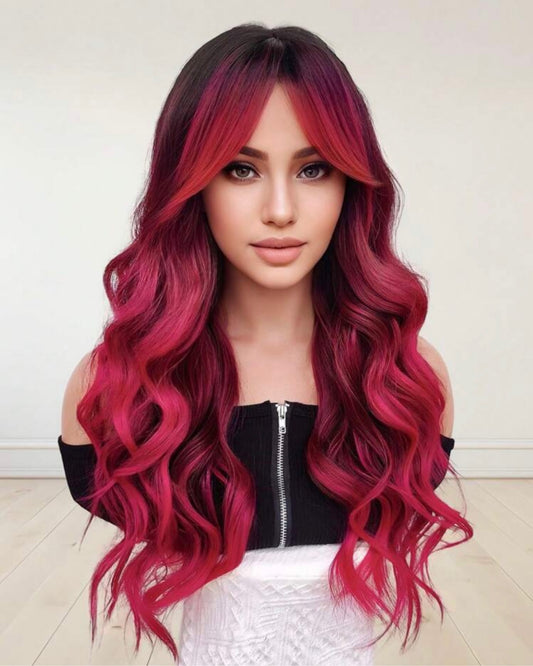 Ombre Wigs Water Wave Wigs With Bangs Rose Red Long Wavy Natural Wave Synthetic Wigs