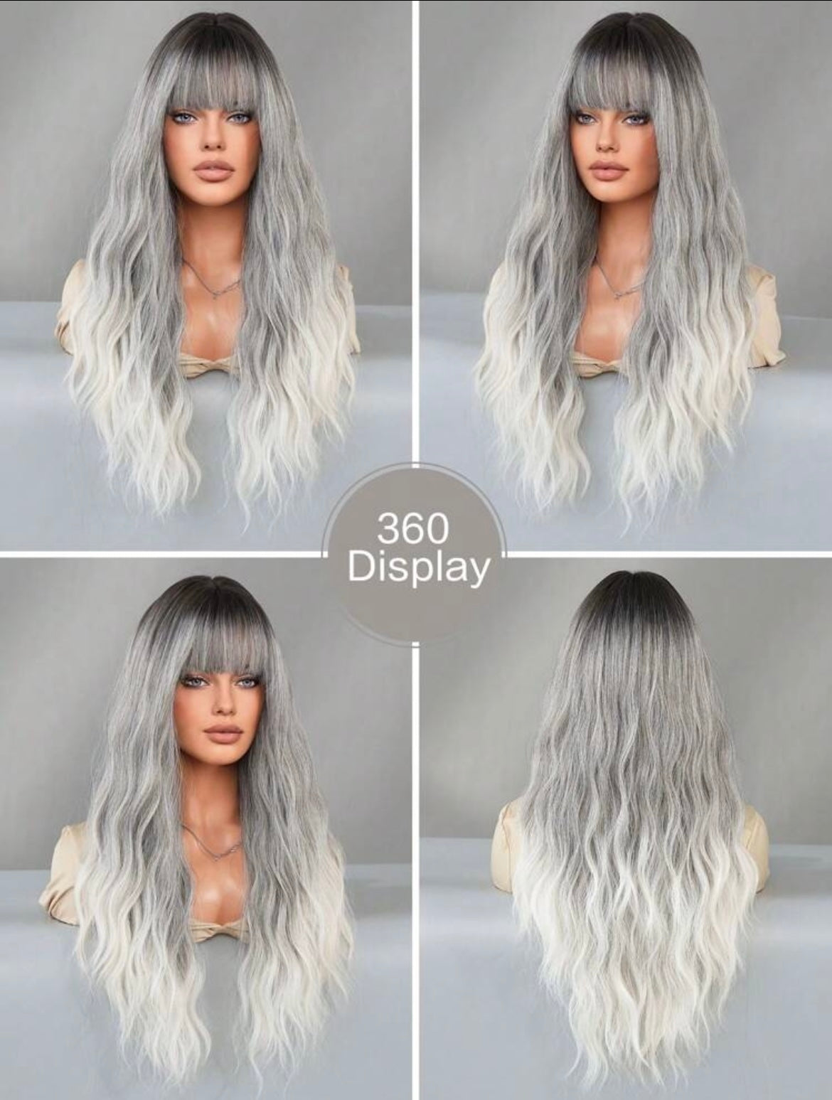 Ombre Grey Wigs Wavy Wig With Bangs Dark Roots Gray To White Natural Looking Long Curly Synthetic Wig For Women - Labelle Boutique Hair
