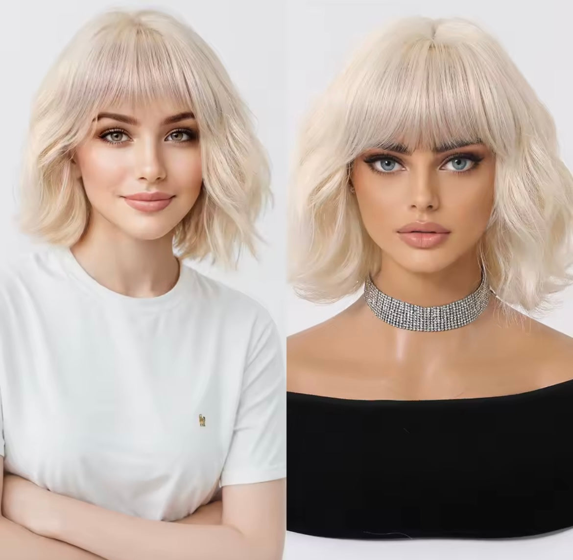 Blonde Bob Wig with Bangs Short Wavy Synthetic Hair Platinum Blonde Natural Looking