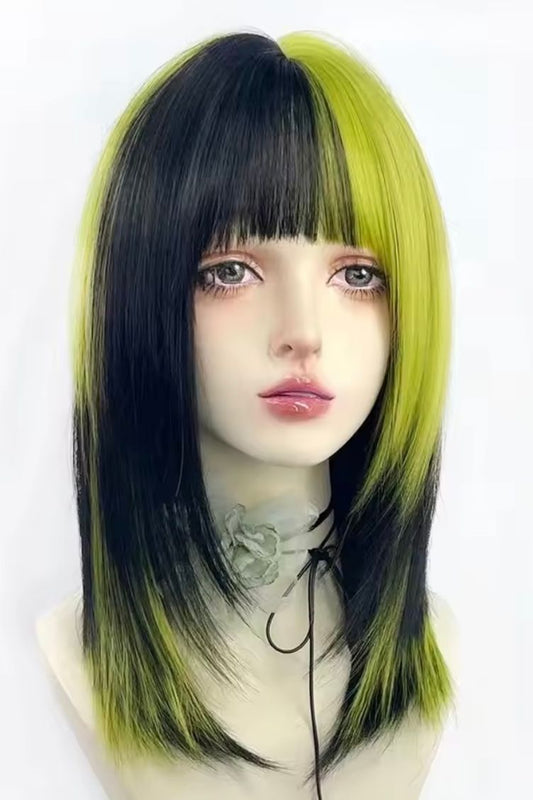 Synthetic wig green black Ombre wig with bangs middle length cosplay wig women heat-resistant wig