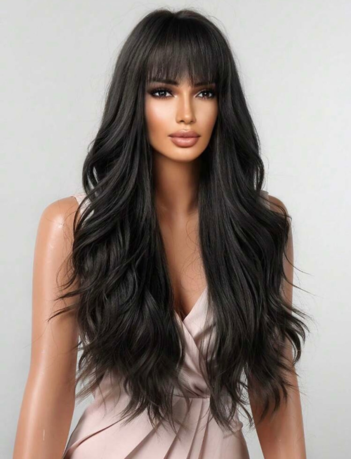 Long Curly Wigs With Bangs Black Wavy Wigs Synthetic Wigs Black Long Curly Wave Wig - Labelle Boutique Hair