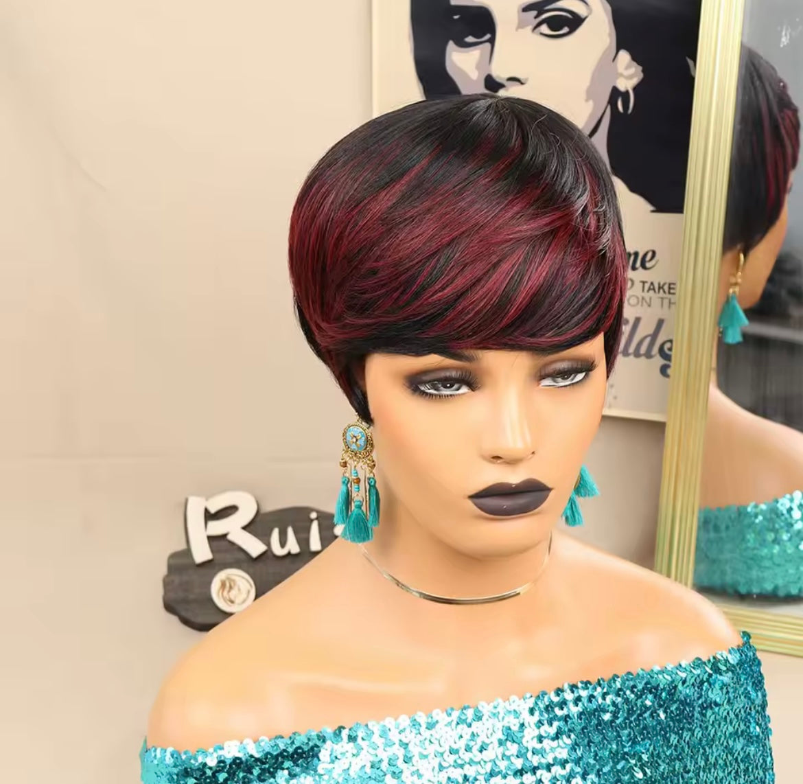 Short Pixie Cut Wigs for Black Women ShortWigs with Bangs Black with Brown Layered Wigs Glueless Short Bob Real Hair Wigs