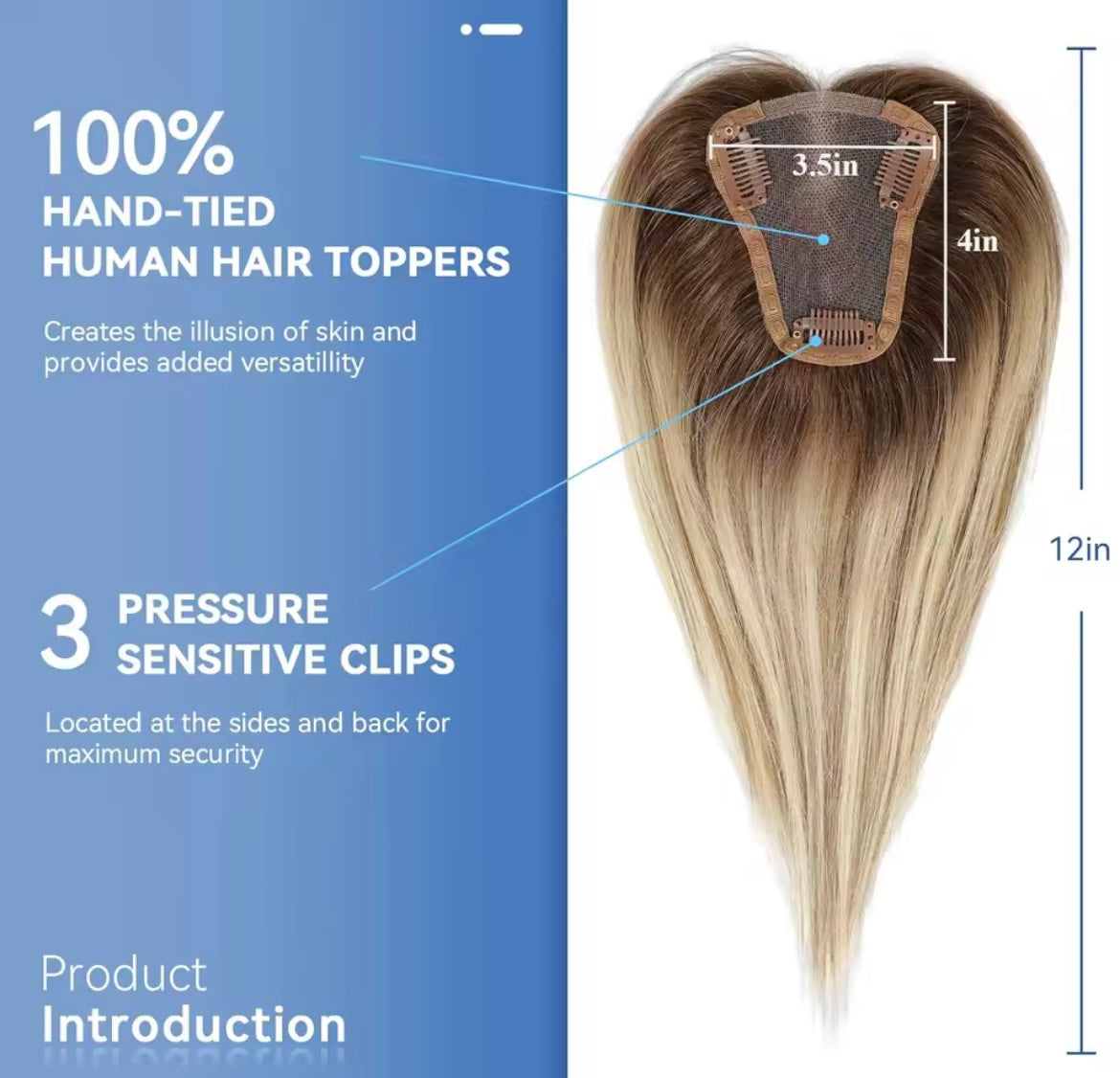 Hair Toppers Blonde Brown Ombre Human Hair Topper HairPieces for Women Silk Base 3Clip in Toppers