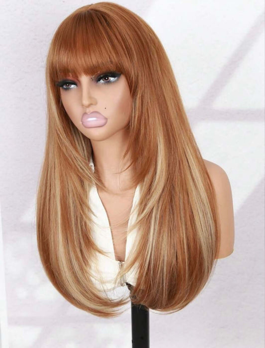 Brown Long Straight Glueless Wig With Bangs Put On & Go Highligh