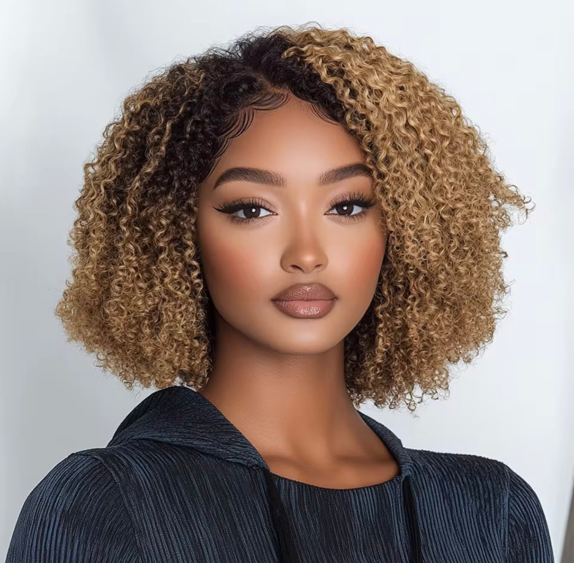 Ombre Brown Curly Wigs Kinky Curl Human Hair Bob Lace frontal Human Hair Wig