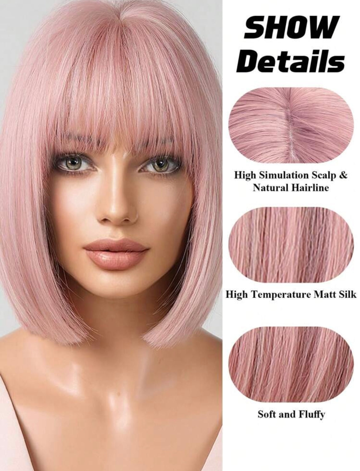 Short Pink Wigs For Women Straight Pink Wigs With Bangs Synthetic Pink Bob Wig Cosplay Colored Wigs Halloween - Labelle Boutique Hair