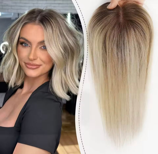 Hair Toppers Blonde Brown Ombre Human Hair Topper HairPieces for Women Silk Base 3Clip in Toppers