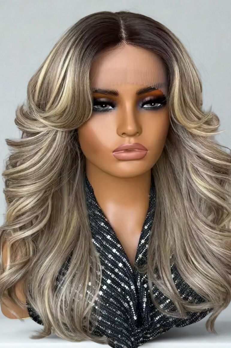 Ombre Brown Blonde Synthetic Body Wave Lace Front for Women Wavy Wig with Baby Hair