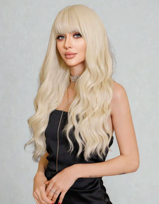 Platinum Blonde Long Wavy Wigs For Women Wave Curly Wig With Bangs Synthetic Wig