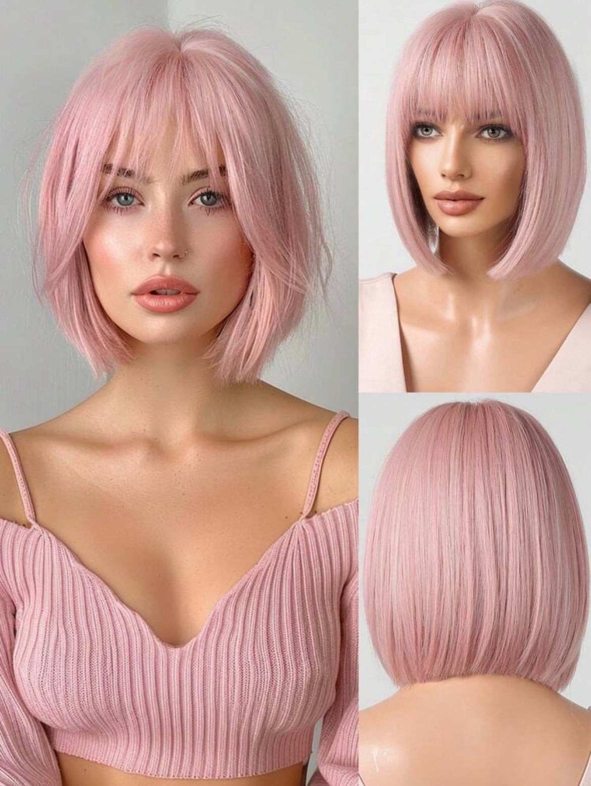 Short Pink Wigs For Women Straight Pink Wigs With Bangs Synthetic Pink Bob Wig Cosplay Colored Wigs Halloween - Labelle Boutique Hair
